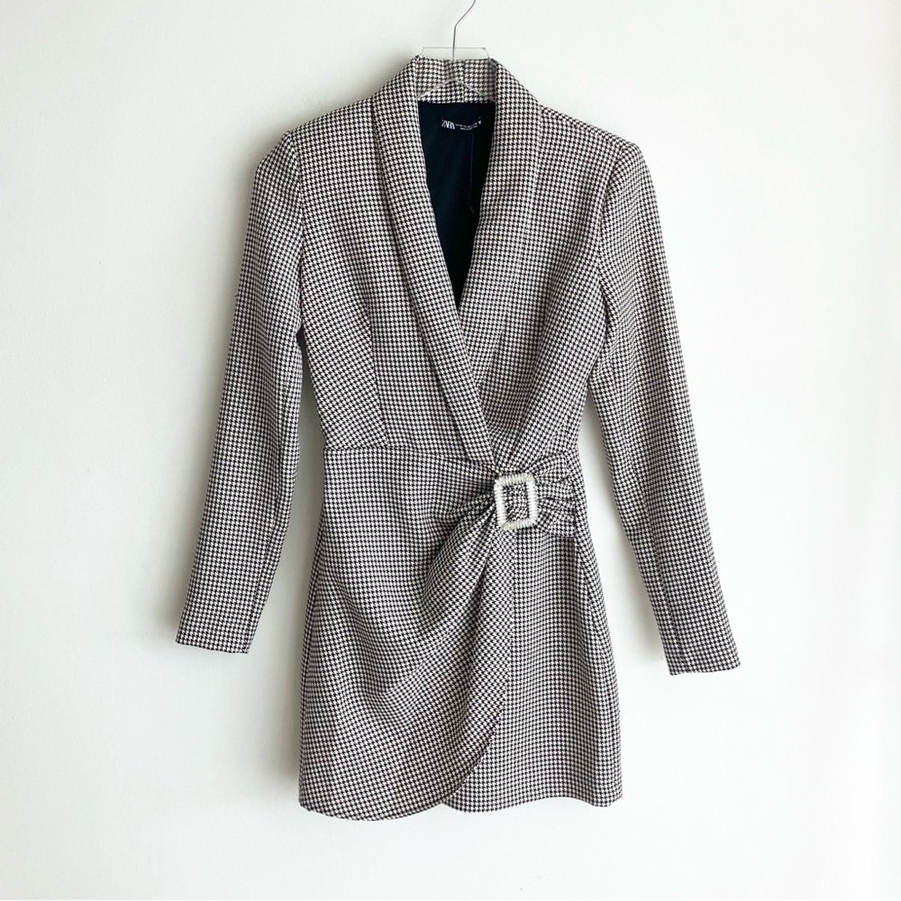 NEW Zara XS Blazer Dress Houndstooth Black White Mini Short, Long Sleeve